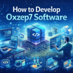 Developers coding Oxzep7 software with monitors, holographic charts, cloud icons, and futuristic tech graphics