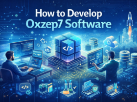 Developers coding Oxzep7 software with monitors, holographic charts, cloud icons, and futuristic tech graphics