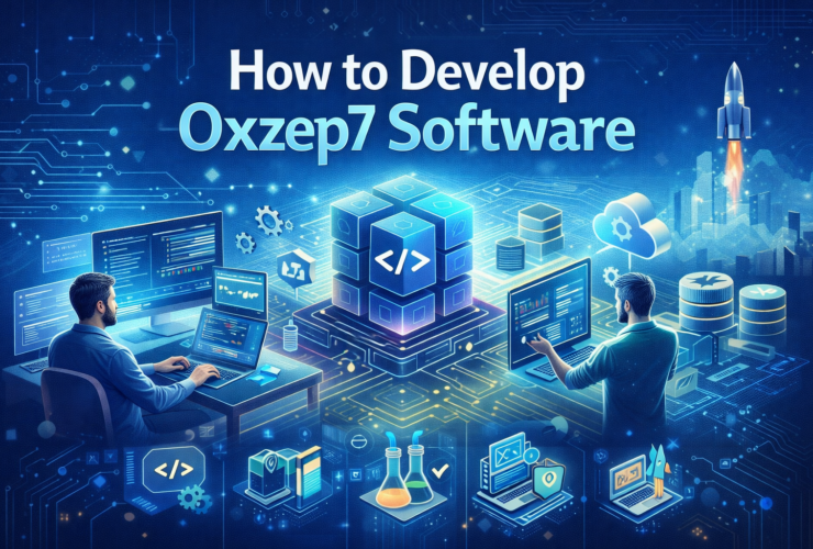 Developers coding Oxzep7 software with monitors, holographic charts, cloud icons, and futuristic tech graphics