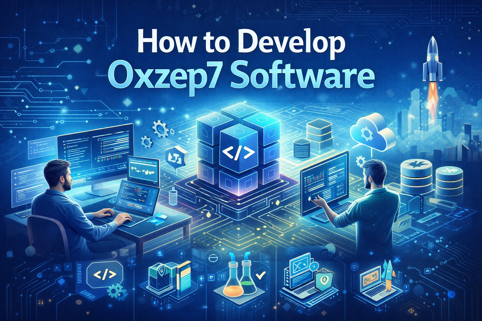 Developers coding Oxzep7 software with monitors, holographic charts, cloud icons, and futuristic tech graphics