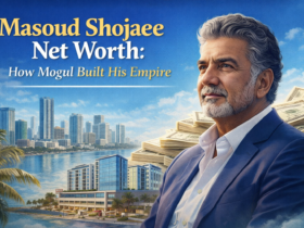 "Masoud Shojaee looking at Miami skyline with condos and money stacks, title overlaid in bold gold and white