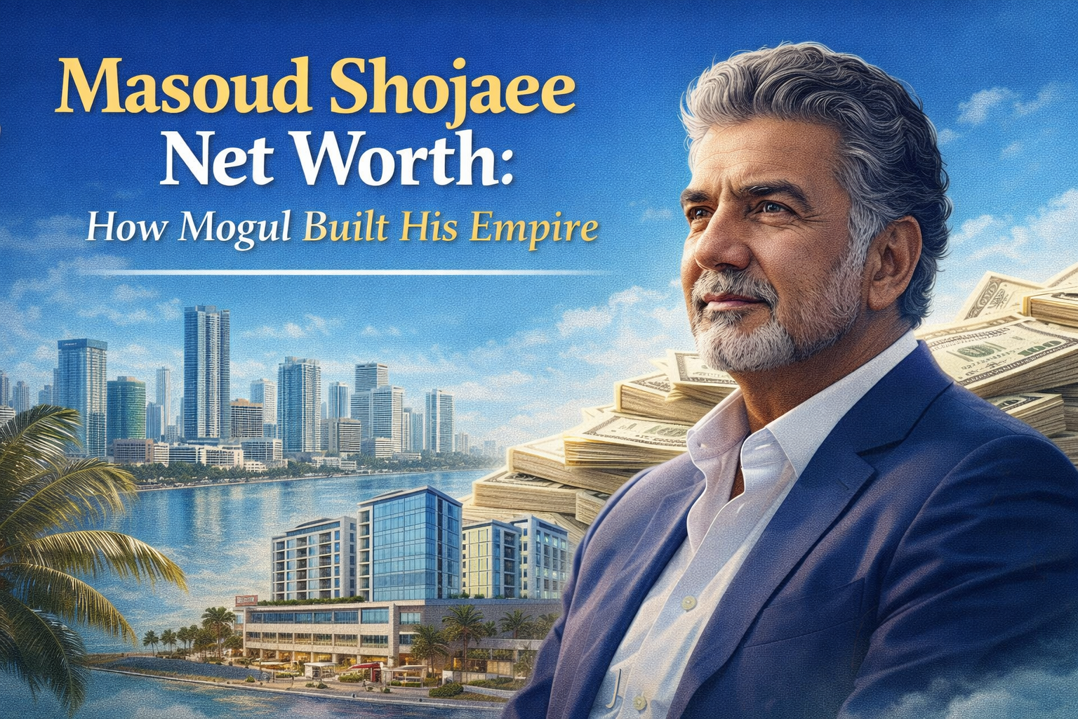 "Masoud Shojaee looking at Miami skyline with condos and money stacks, title overlaid in bold gold and white