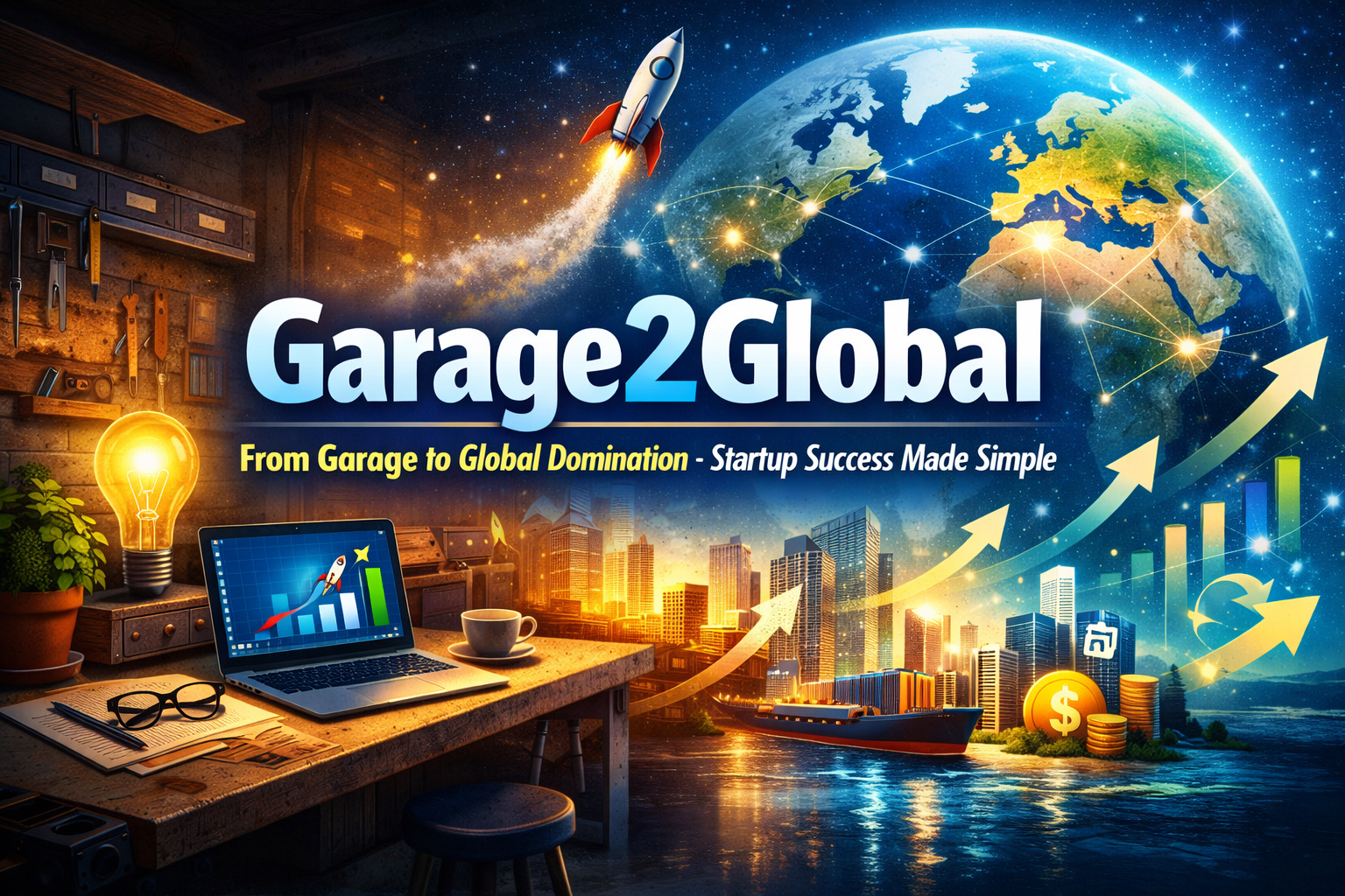 Garage2Global showing a startup growing from garage to global success
