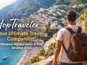 Male traveler overlooking colorful coastal town and turquoise waters