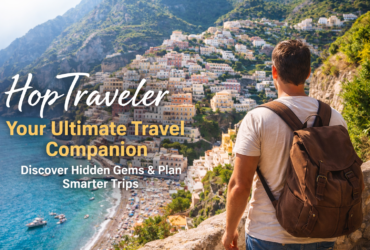 Male traveler overlooking colorful coastal town and turquoise waters