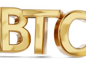 BTC Bitcoin symbol golden bold letters 3d-illustration