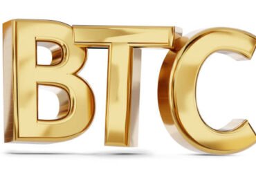 BTC Bitcoin symbol golden bold letters 3d-illustration
