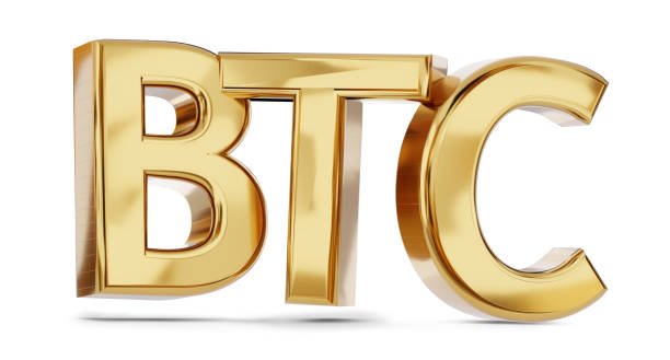 BTC Bitcoin symbol golden bold letters 3d-illustration